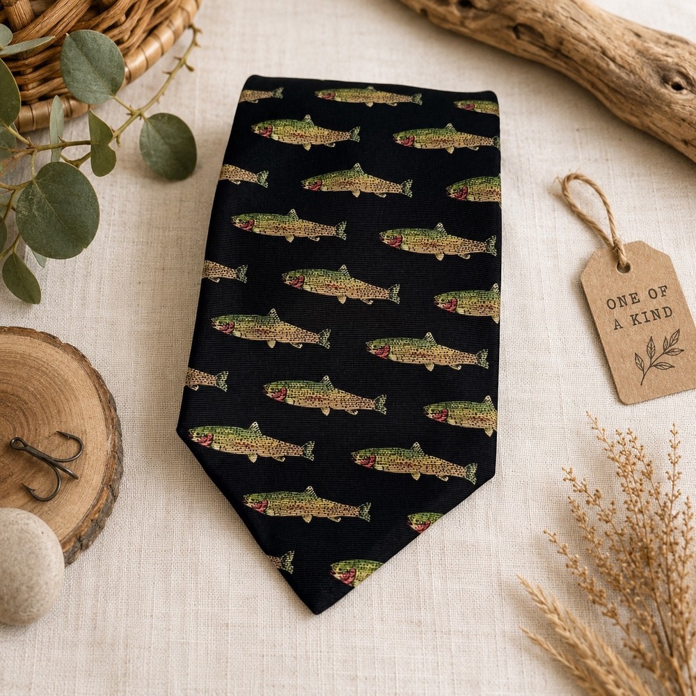 Huntington Mens Silk Tie Rainbow Trout Fish Pattern Black Made in USA Fly Fish